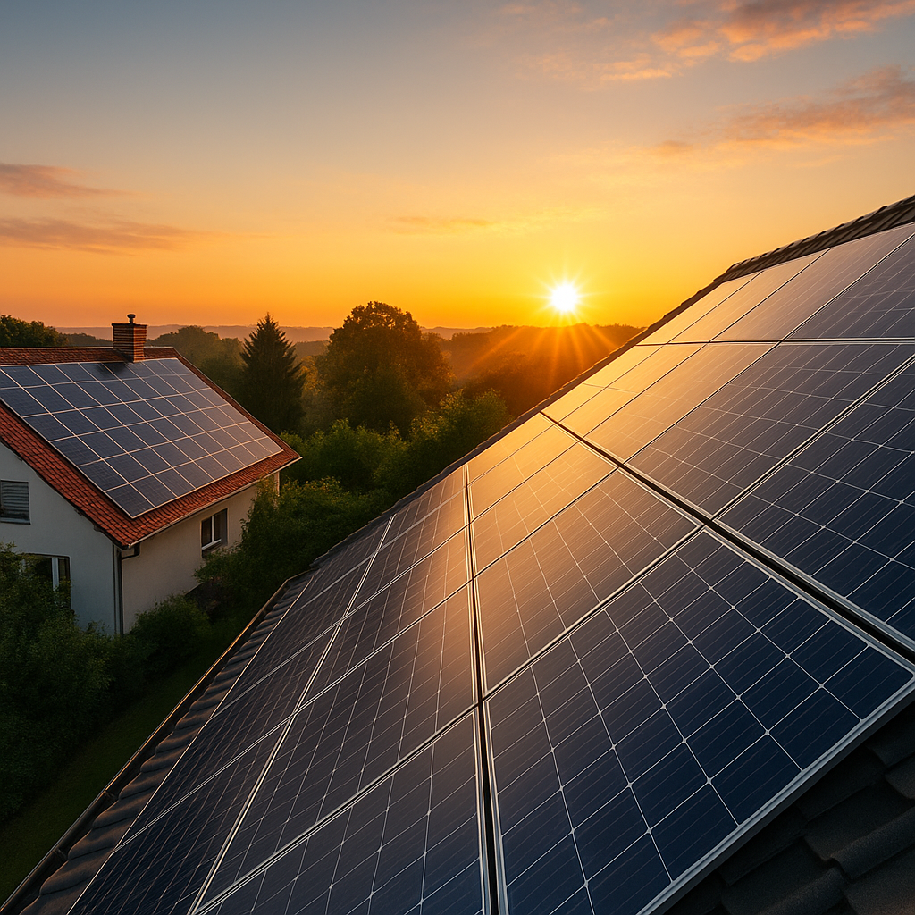 Dach mit Solaranlage bei Sonnenaufgang